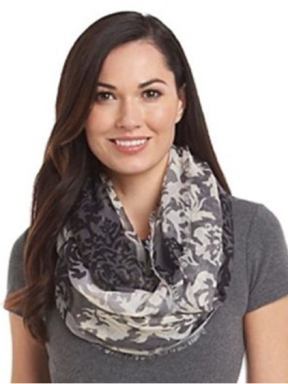 Cejon Womens Grayscale Damask Burnout Infinity Scarf Gray Black White Fringe 34”